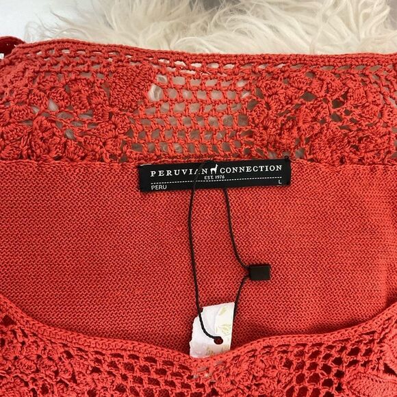 NEW Peruvian Connection Rust Orange 100% Pima Cotton Crochet Knit Midi Dress L - Picture 7 of 9